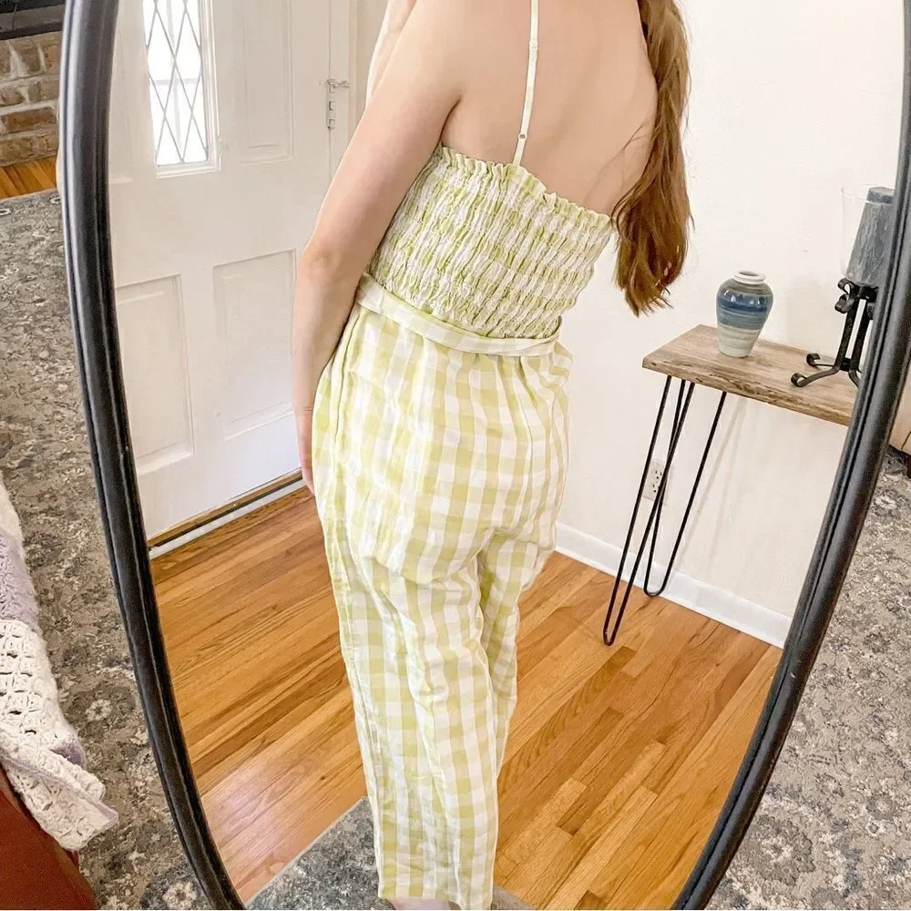 House Of Harlow Linen Gingham Smocked Jumpsuit Lime Green